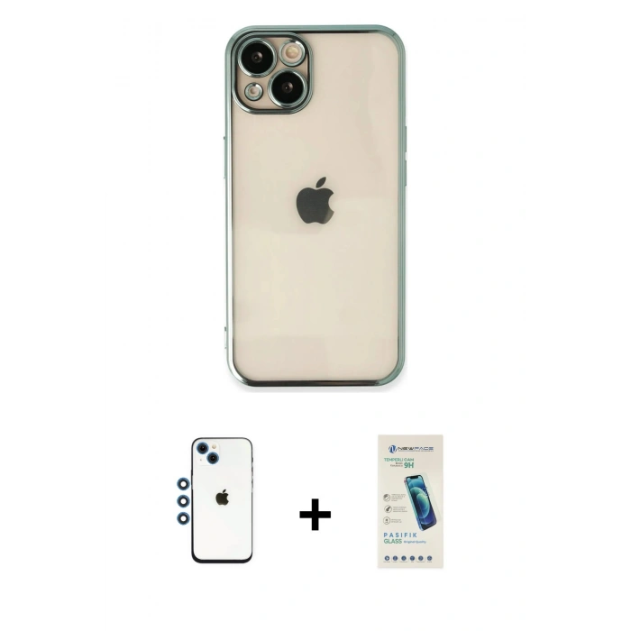 MARSİLYAN™- iPhone 14 Kılıf Vadi Minimal - Şeffaf Pasifik Cam Ekran Koruyucu + Shine Kamera Lens - MI