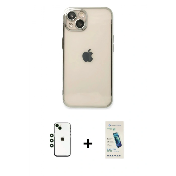 MARSİLYAN™- iPhone 14 Kılıf Vadi Minimal - Şeffaf Pasifik Cam Ekran Koruyucu + Shine Kamera Lens - YL