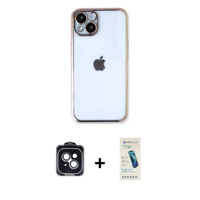 MARSİLYAN™- iPhone 14 Kılıf Vadi Minimal - Şeffaf Pasifik Cam Ekran Koruyucu + PVD Metal Kamera Lens - SH