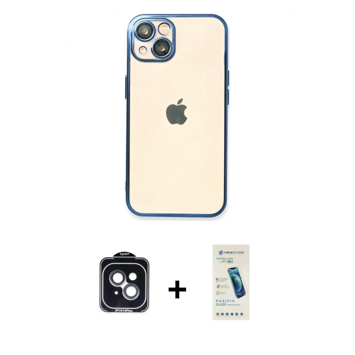 MARSİLYAN™- iPhone 14 Kılıf Vadi Minimal - Şeffaf Pasifik Cam Ekran Koruyucu + PVD Metal Kamera Lens - SH