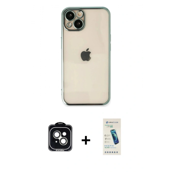 MARSİLYAN™- iPhone 14 Kılıf Vadi Minimal - Şeffaf Pasifik Cam Ekran Koruyucu + PVD Metal Kamera Lens - YL