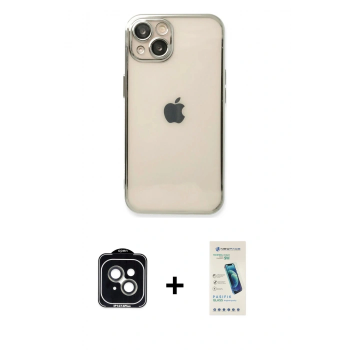 MARSİLYAN™- iPhone 14 Kılıf Vadi Minimal - Şeffaf Pasifik Cam Ekran Koruyucu + PVD Metal Kamera Lens - YL