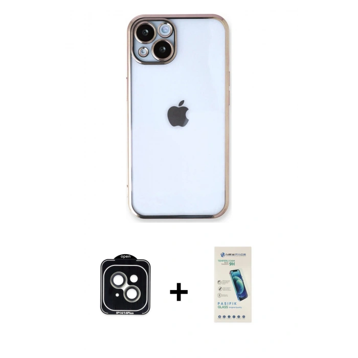 MARSİLYAN™- iPhone 14 Kılıf Vadi Minimal - Şeffaf Pasifik Cam Ekran Koruyucu + PVD Metal Kamera Lens - YL