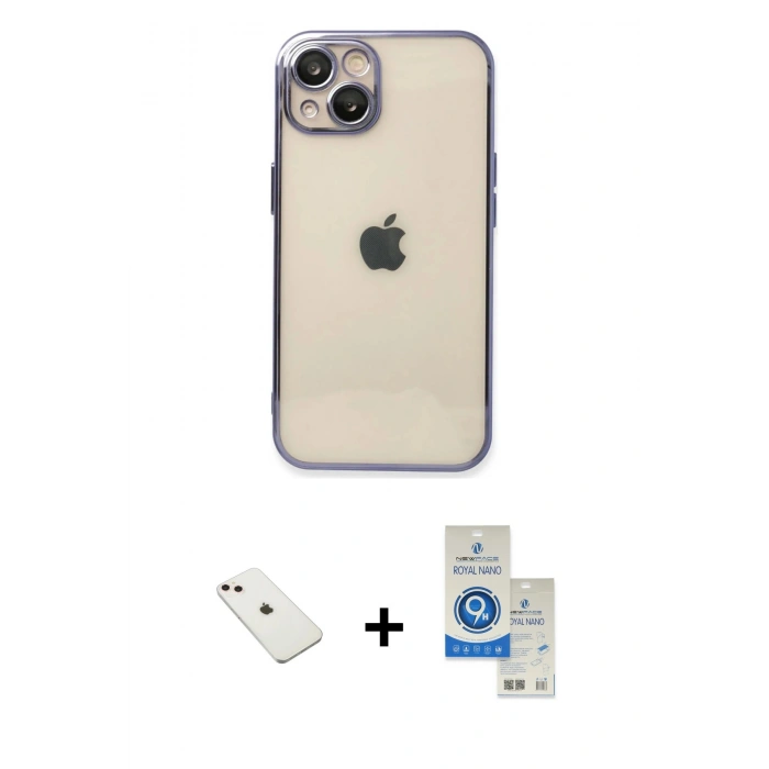 MARSİLYAN™- iPhone 14 Kılıf Vadi Minimal - Şeffaf Royal Nano Ekran Koruyucu + Diamond Kamera Lens - PE