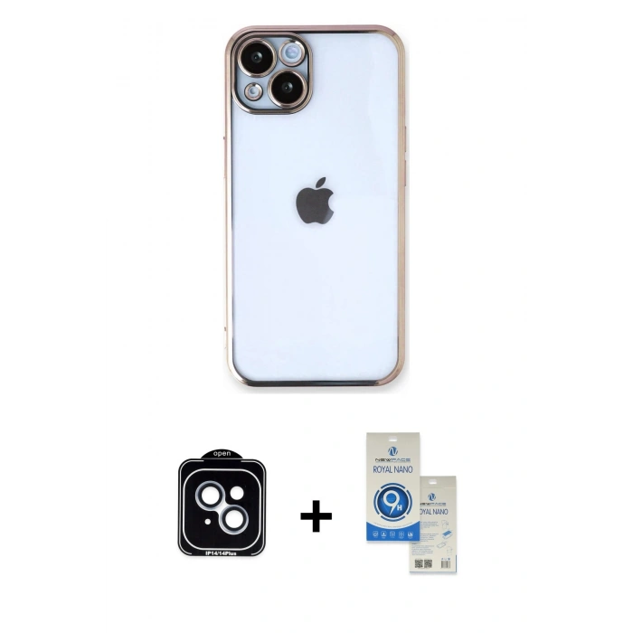 MARSİLYAN™- iPhone 14 Kılıf Vadi Minimal - Şeffaf Royal Nano Ekran Koruyucu + PVD Metal Kamera Lens - MI