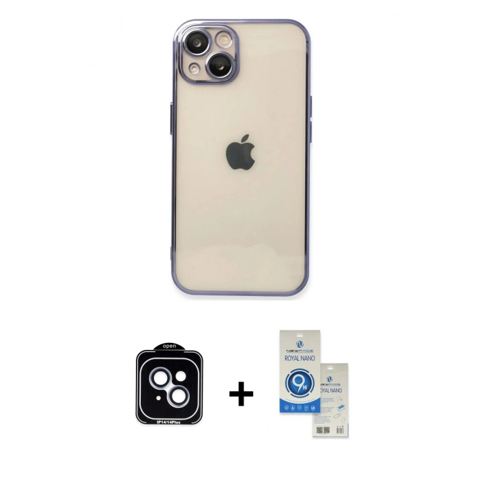 MARSİLYAN™- iPhone 14 Kılıf Vadi Minimal - Şeffaf Royal Nano Ekran Koruyucu + PVD Metal Kamera Lens - MI