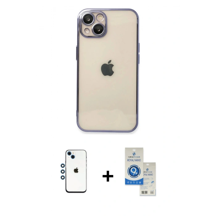 MARSİLYAN™- iPhone 14 Kılıf Vadi Minimal - Şeffaf Royal Nano Ekran Koruyucu + Shine Kamera Lens - MI