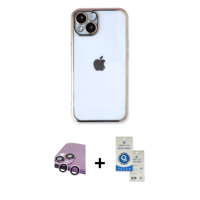 MARSİLYAN™- iPhone 14 Kılıf Vadi Minimal - Şeffaf Royal Nano Ekran Koruyucu + Raze Metal Kamera Lens - MR