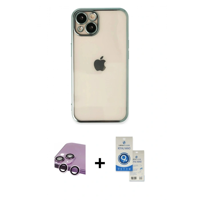 MARSİLYAN™- iPhone 14 Kılıf Vadi Minimal - Şeffaf Royal Nano Ekran Koruyucu + Raze Metal Kamera Lens - MR