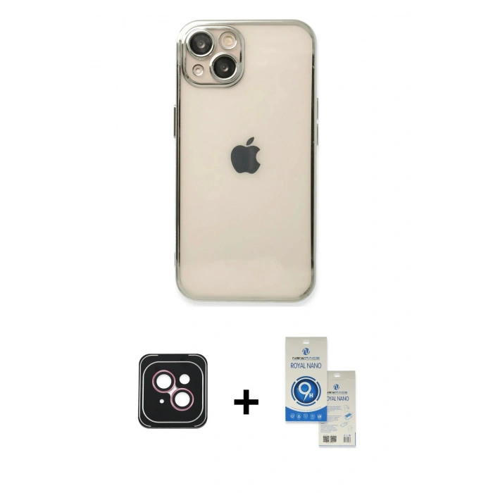 MARSİLYAN™- iPhone 14 Kılıf Vadi Minimal - Şeffaf Royal Nano Ekran Koruyucu + PVD Metal Kamera Lens - PE