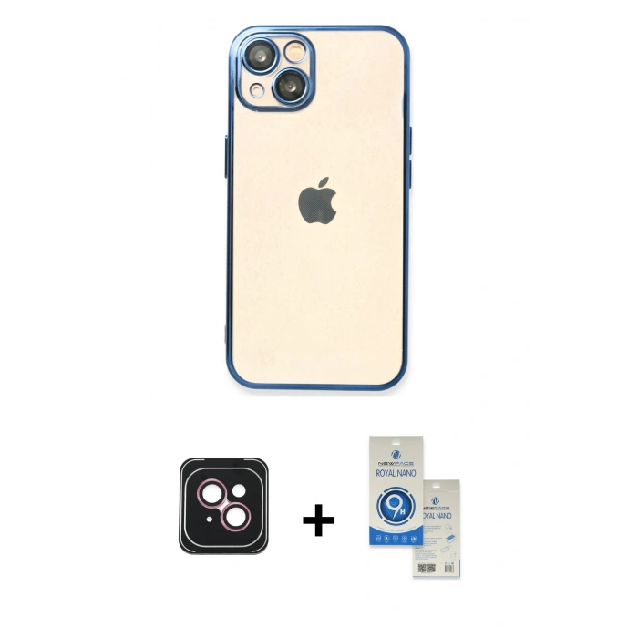 MARSİLYAN™- iPhone 14 Kılıf Vadi Minimal - Şeffaf Royal Nano Ekran Koruyucu + PVD Metal Kamera Lens - PE