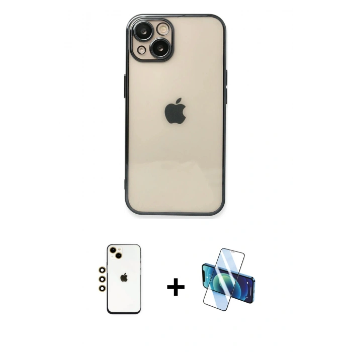 MARSİLYAN™- iPhone 14 Kılıf Vadi Minimal - Siyah 3D Antistatik Cam Ekran Koruyucu + Shine Kamera Lens - GD