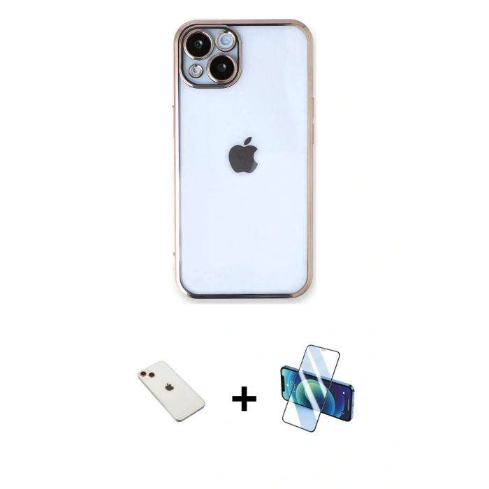 MARSİLYAN™- iPhone 14 Kılıf Vadi Minimal - Siyah 3D Antistatik Cam Ekran Koruyucu + Diamond Kamera Lens - KI