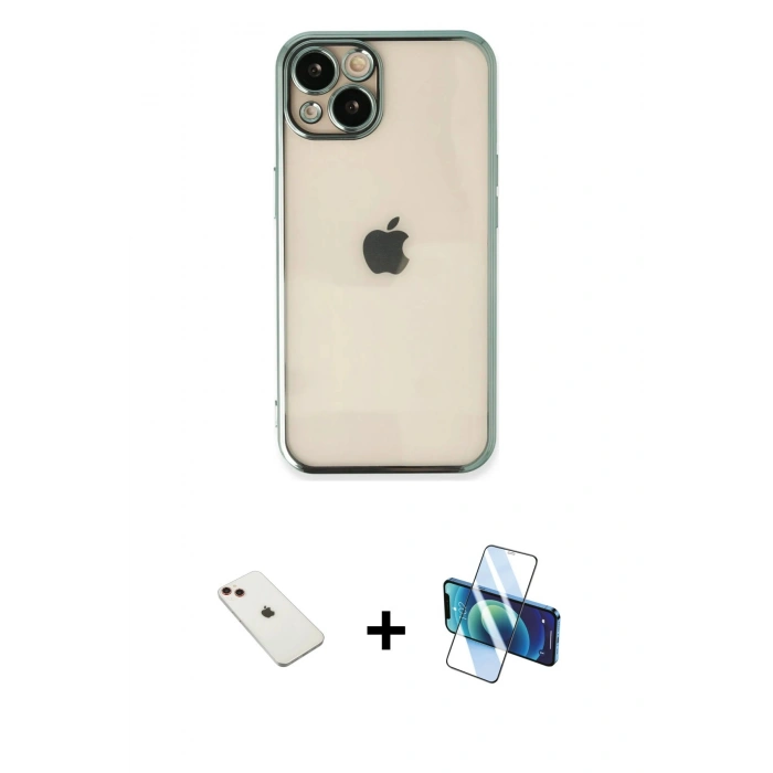 MARSİLYAN™- iPhone 14 Kılıf Vadi Minimal - Siyah 3D Antistatik Cam Ekran Koruyucu + Diamond Kamera Lens - KI