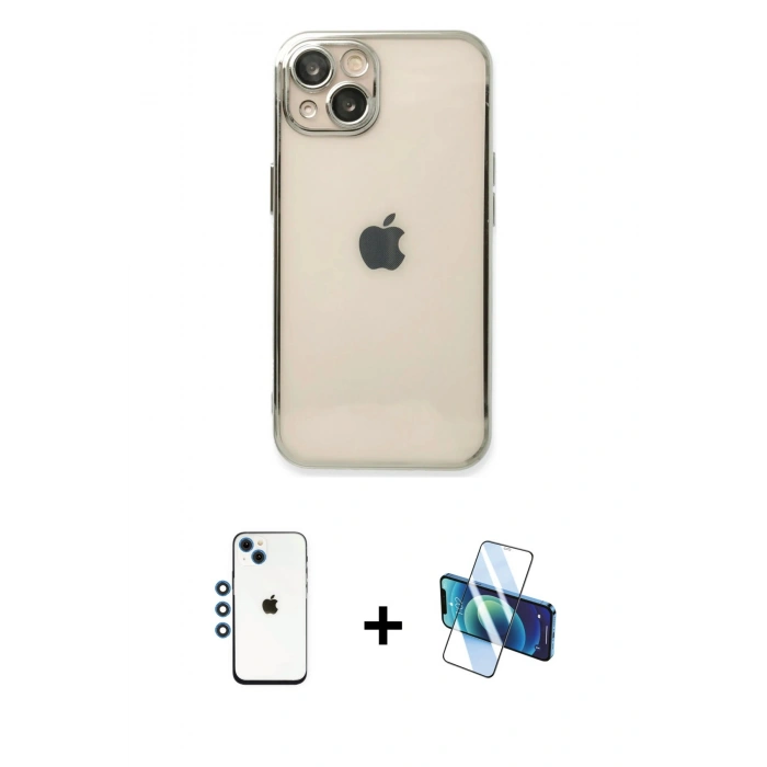 MARSİLYAN™- iPhone 14 Kılıf Vadi Minimal - Siyah 3D Antistatik Cam Ekran Koruyucu + Shine Kamera Lens - MI