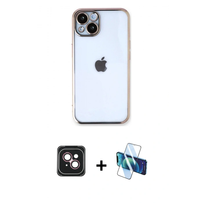 MARSİLYAN™- iPhone 14 Kılıf Vadi Minimal - Siyah 3D Antistatik Cam Ekran Koruyucu + PVD Metal Kamera Lens - PE