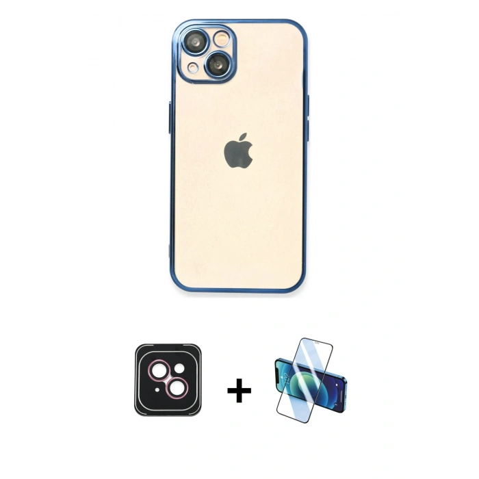 MARSİLYAN™- iPhone 14 Kılıf Vadi Minimal - Siyah 3D Antistatik Cam Ekran Koruyucu + PVD Metal Kamera Lens - PE