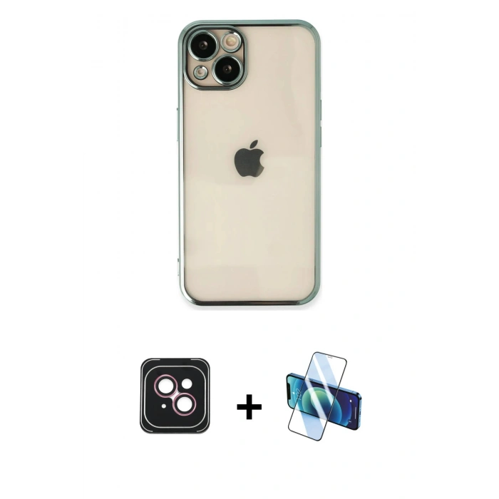 MARSİLYAN™- iPhone 14 Kılıf Vadi Minimal - Siyah 3D Antistatik Cam Ekran Koruyucu + PVD Metal Kamera Lens - PE