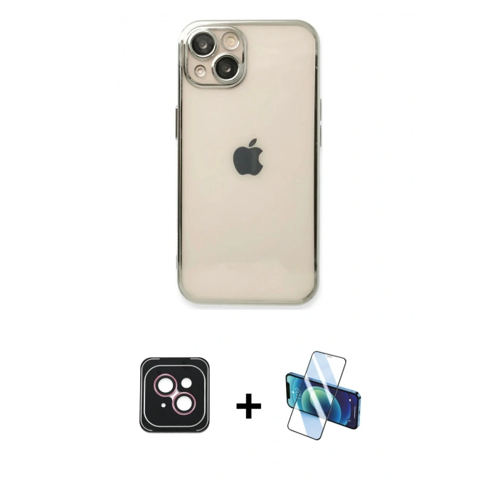 MARSİLYAN™- iPhone 14 Kılıf Vadi Minimal - Siyah 3D Antistatik Cam Ekran Koruyucu + PVD Metal Kamera Lens - PE
