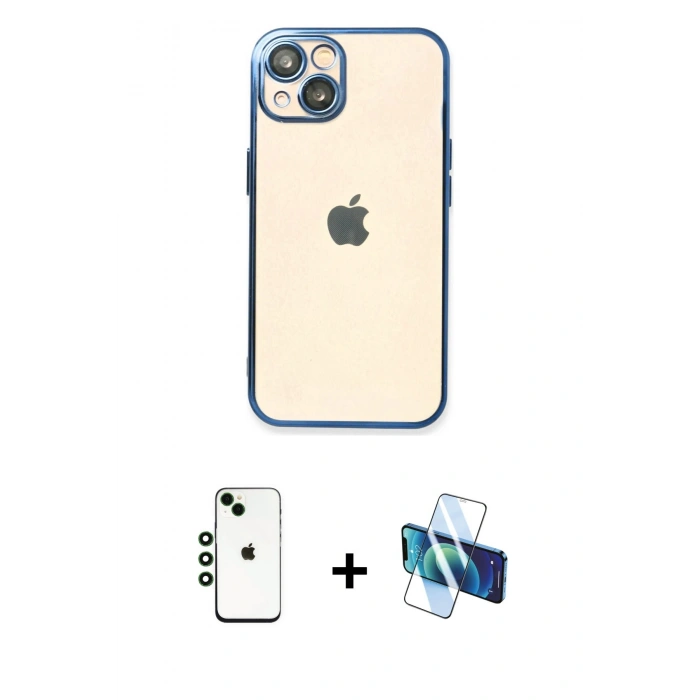 MARSİLYAN™- iPhone 14 Kılıf Vadi Minimal - Siyah 3D Antistatik Cam Ekran Koruyucu + Shine Kamera Lens - YL