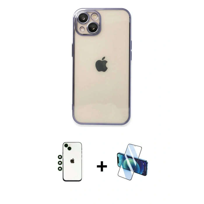 MARSİLYAN™- iPhone 14 Kılıf Vadi Minimal - Siyah 3D Antistatik Cam Ekran Koruyucu + Shine Kamera Lens - YL