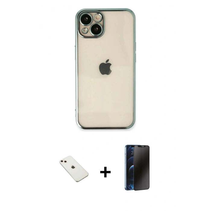 MARSİLYAN™- iPhone 14 Kılıf Vadi Minimal - Siyah 3D Antistatik Hayalet Cam Ekran Koruyucu + Diamond Kamera Lens - PE