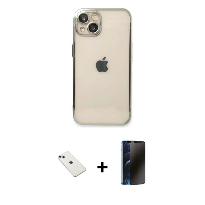MARSİLYAN™- iPhone 14 Kılıf Vadi Minimal - Siyah 3D Antistatik Hayalet Cam Ekran Koruyucu + Diamond Kamera Lens - YL