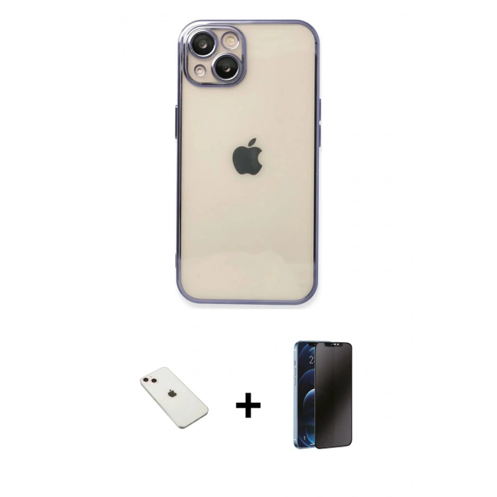 MARSİLYAN™- iPhone 14 Kılıf Vadi Minimal - Siyah 3D Antistatik Hayalet Cam Ekran Koruyucu + Diamond Kamera Lens - PE