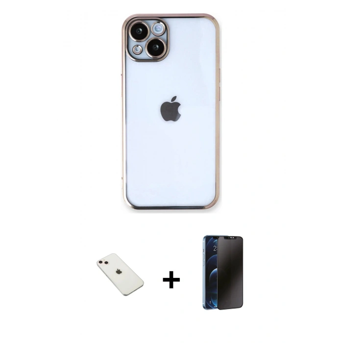 MARSİLYAN™- iPhone 14 Kılıf Vadi Minimal - Siyah 3D Antistatik Hayalet Cam Ekran Koruyucu + Diamond Kamera Lens - PE