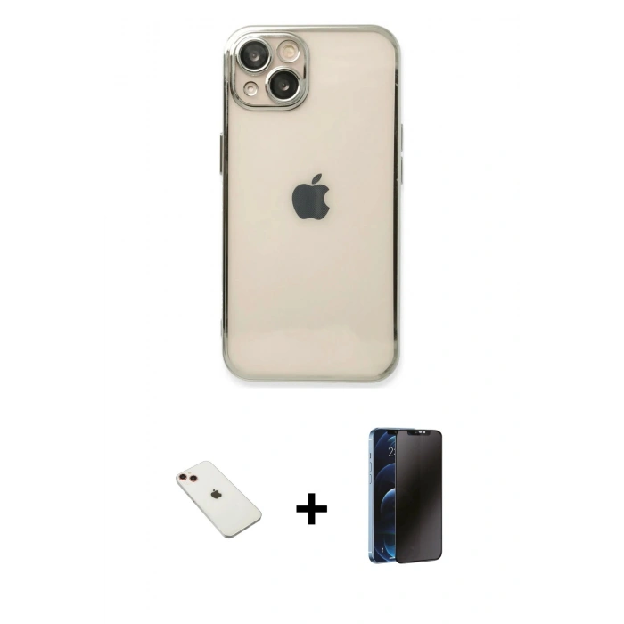 MARSİLYAN™- iPhone 14 Kılıf Vadi Minimal - Siyah 3D Antistatik Hayalet Cam Ekran Koruyucu + Diamond Kamera Lens - KI