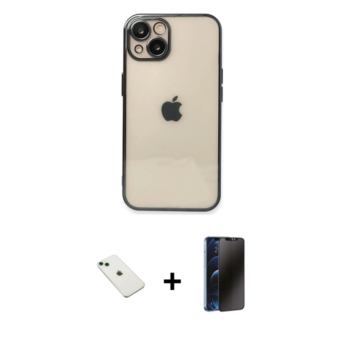 MARSİLYAN™- iPhone 14 Kılıf Vadi Minimal - Siyah 3D Antistatik Hayalet Cam Ekran Koruyucu + Diamond Kamera Lens - YL