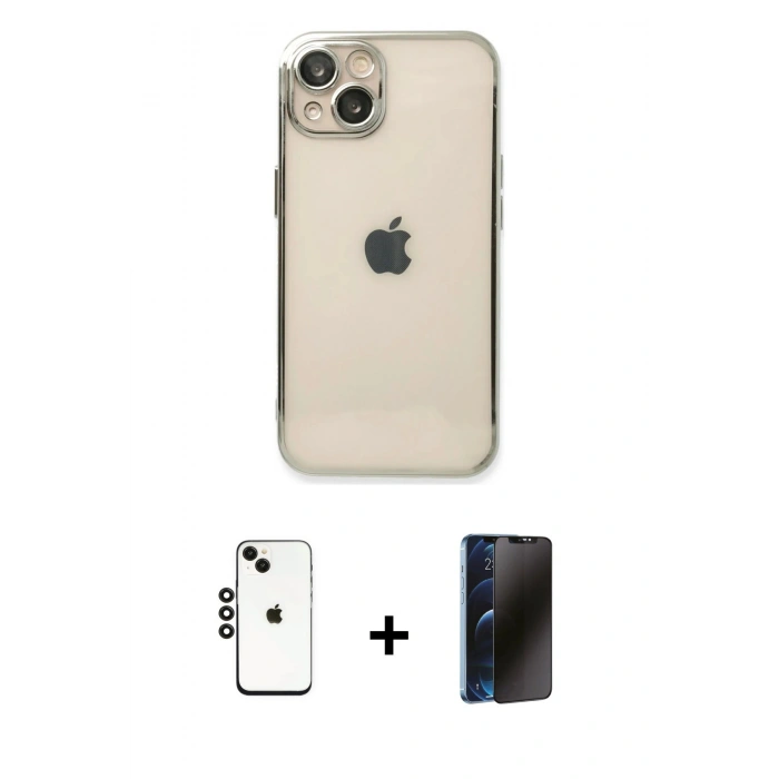 MARSİLYAN™- iPhone 14 Kılıf Vadi Minimal - Siyah 3D Antistatik Hayalet Cam Ekran Koruyucu + Shine Kamera Lens - SH
