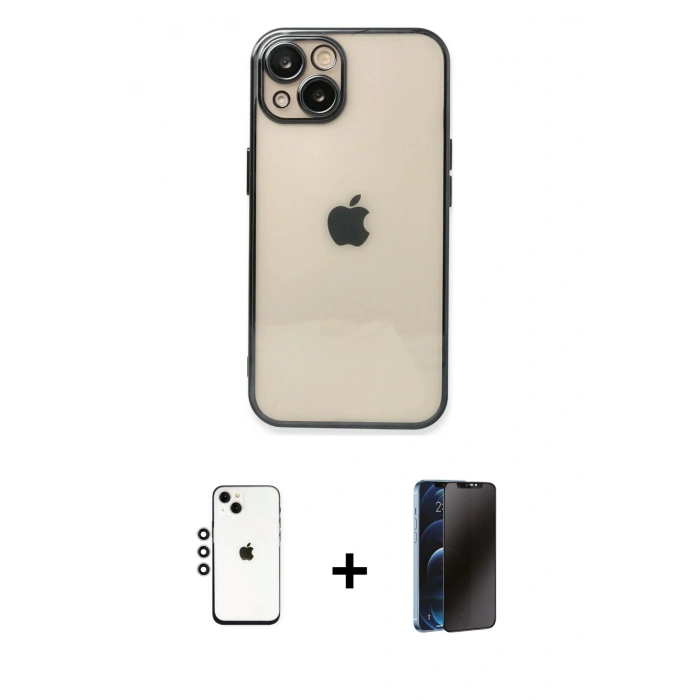 MARSİLYAN™- iPhone 14 Kılıf Vadi Minimal - Siyah 3D Antistatik Hayalet Cam Ekran Koruyucu + Shine Kamera Lens - GS