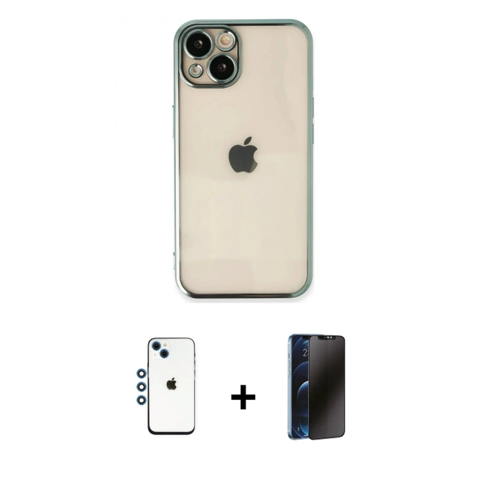 MARSİLYAN™- iPhone 14 Kılıf Vadi Minimal - Siyah 3D Antistatik Hayalet Cam Ekran Koruyucu + Shine Kamera Lens - MI