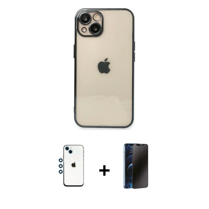 MARSİLYAN™- iPhone 14 Kılıf Vadi Minimal - Siyah 3D Antistatik Hayalet Cam Ekran Koruyucu + Shine Kamera Lens - MI