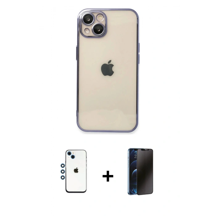 MARSİLYAN™- iPhone 14 Kılıf Vadi Minimal - Siyah 3D Antistatik Hayalet Cam Ekran Koruyucu + Shine Kamera Lens - MI