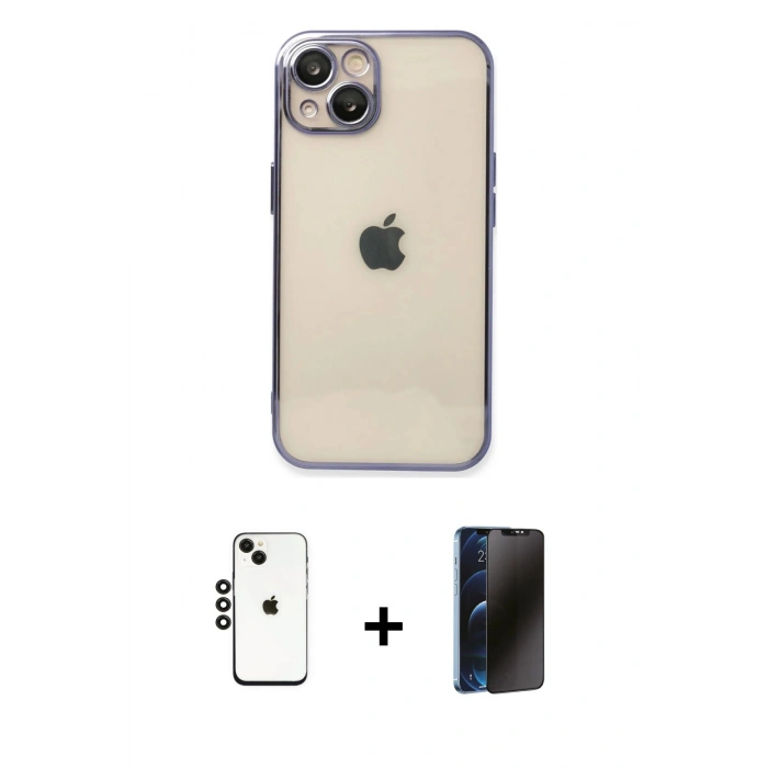 MARSİLYAN™- iPhone 14 Kılıf Vadi Minimal - Siyah 3D Antistatik Hayalet Cam Ekran Koruyucu + Shine Kamera Lens - SH