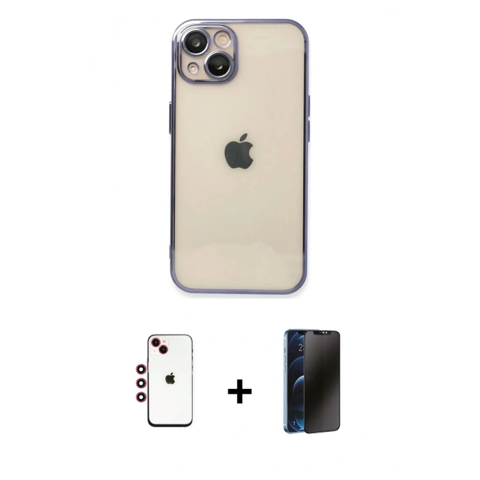 MARSİLYAN™- iPhone 14 Kılıf Vadi Minimal - Siyah 3D Antistatik Hayalet Cam Ekran Koruyucu + Shine Kamera Lens - KI