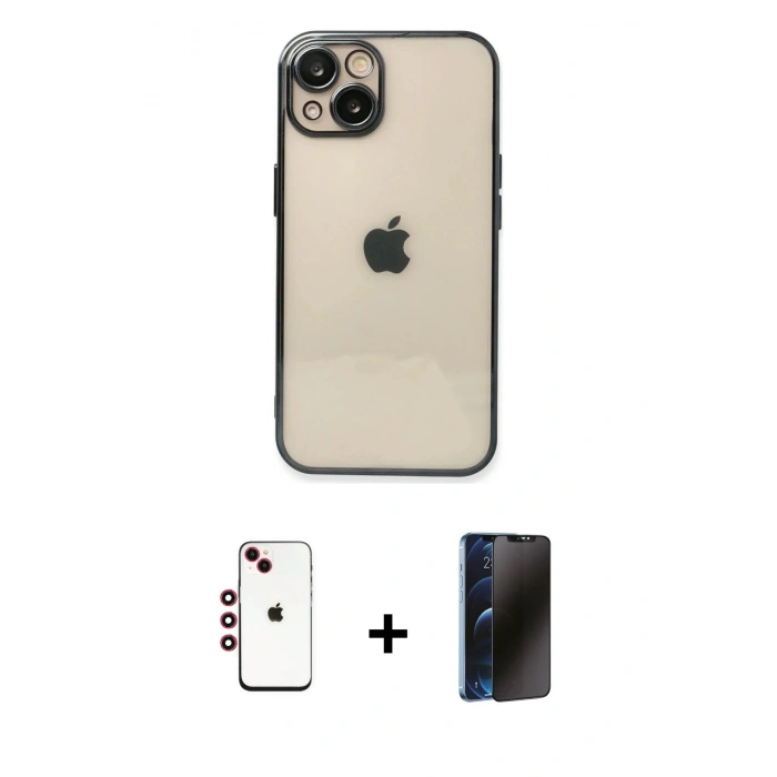 MARSİLYAN™- iPhone 14 Kılıf Vadi Minimal - Siyah 3D Antistatik Hayalet Cam Ekran Koruyucu + Shine Kamera Lens - KI