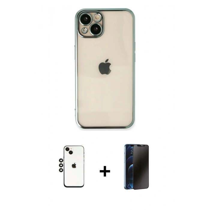 MARSİLYAN™- iPhone 14 Kılıf Vadi Minimal - Siyah 3D Antistatik Hayalet Cam Ekran Koruyucu + Shine Kamera Lens - SH