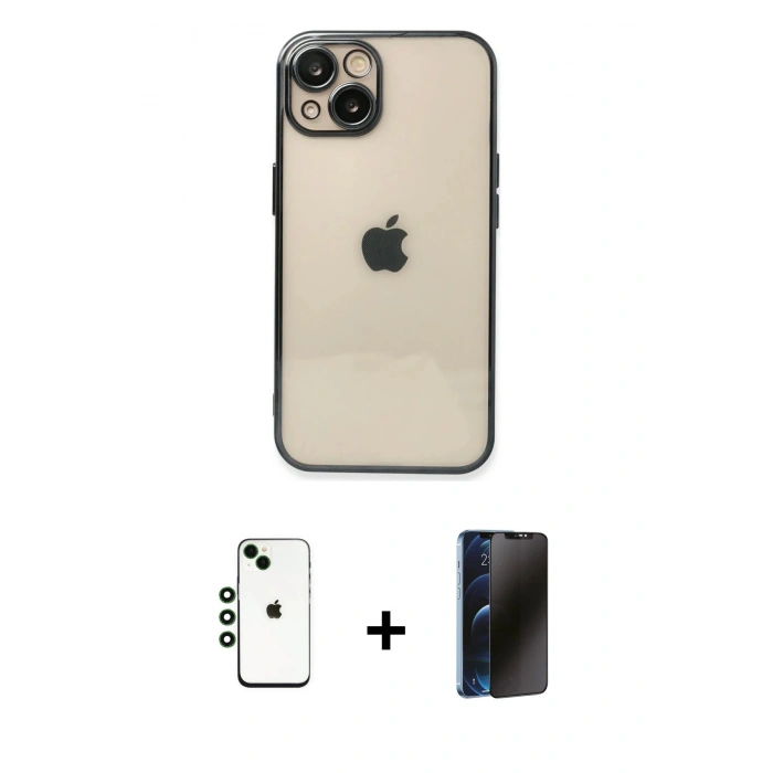 MARSİLYAN™- iPhone 14 Kılıf Vadi Minimal - Siyah 3D Antistatik Hayalet Cam Ekran Koruyucu + Shine Kamera Lens - YL