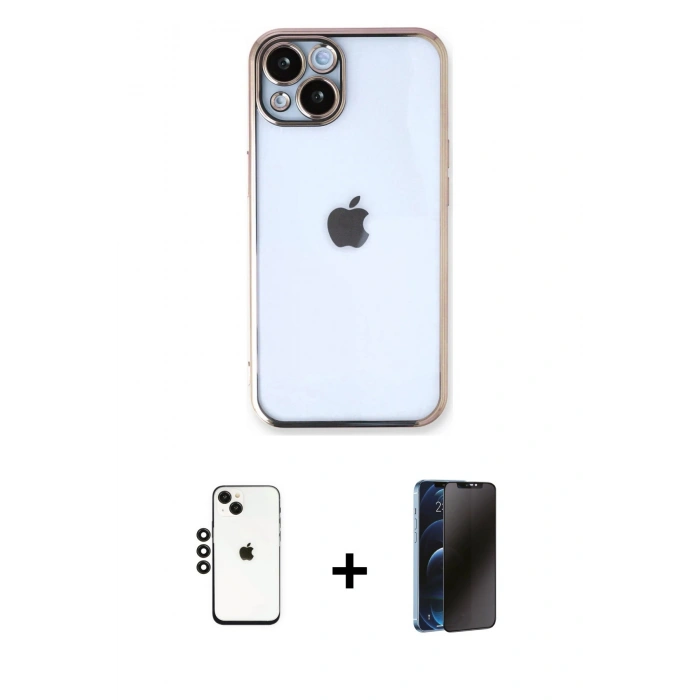MARSİLYAN™- iPhone 14 Kılıf Vadi Minimal - Siyah 3D Antistatik Hayalet Cam Ekran Koruyucu + Shine Kamera Lens - SH