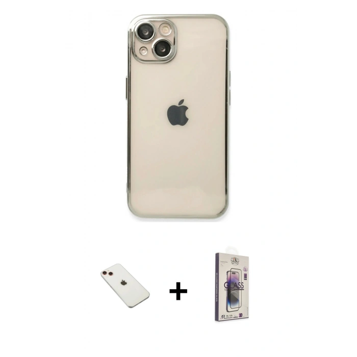 MARSİLYAN™- iPhone 14 Kılıf Vadi Minimal - Siyah Bilvis 3D Cam Ekran Koruyucu + Diamond Kamera Lens - KI