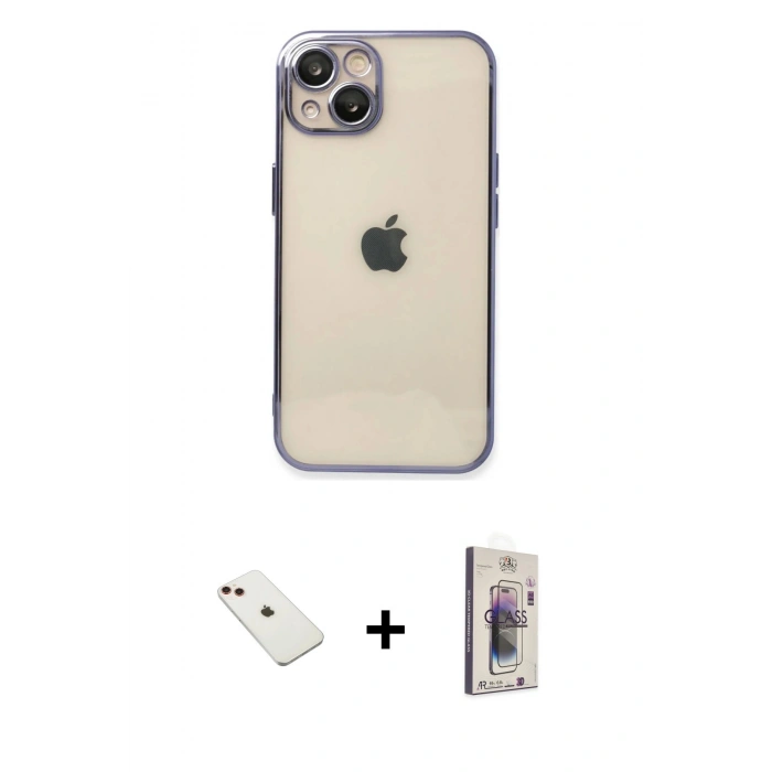 MARSİLYAN™- iPhone 14 Kılıf Vadi Minimal - Siyah Bilvis 3D Cam Ekran Koruyucu + Diamond Kamera Lens - KI