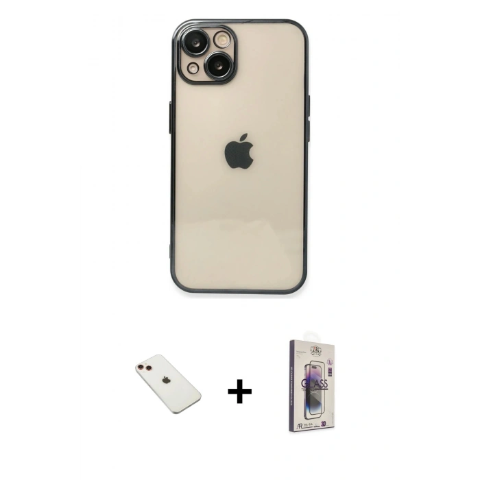 MARSİLYAN™- iPhone 14 Kılıf Vadi Minimal - Siyah Bilvis 3D Cam Ekran Koruyucu + Diamond Kamera Lens - KI