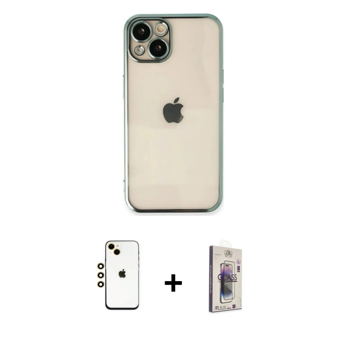MARSİLYAN™- iPhone 14 Kılıf Vadi Minimal - Siyah Bilvis 3D Cam Ekran Koruyucu + Shine Kamera Lens - GD
