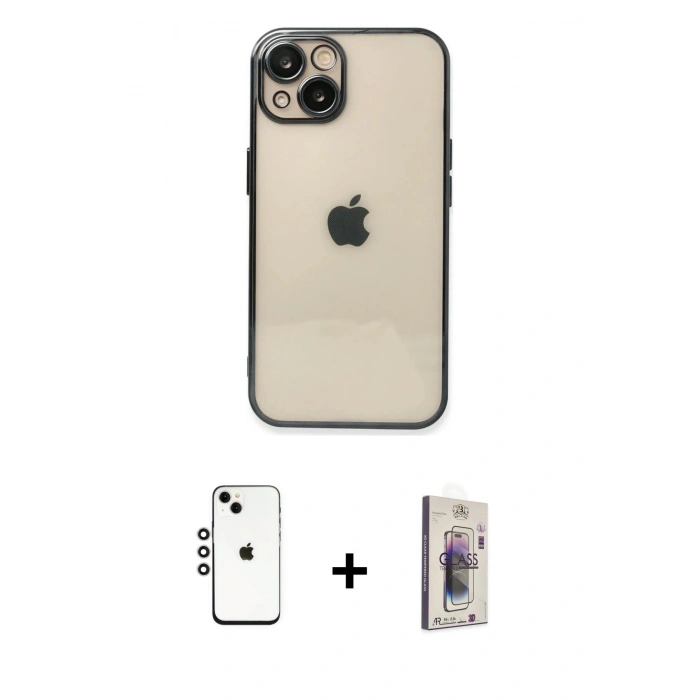 MARSİLYAN™- iPhone 14 Kılıf Vadi Minimal - Siyah Bilvis 3D Cam Ekran Koruyucu + Shine Kamera Lens - GS
