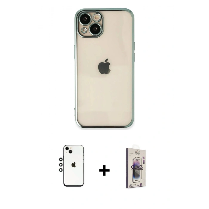 MARSİLYAN™- iPhone 14 Kılıf Vadi Minimal - Siyah Bilvis 3D Cam Ekran Koruyucu + Shine Kamera Lens - GS