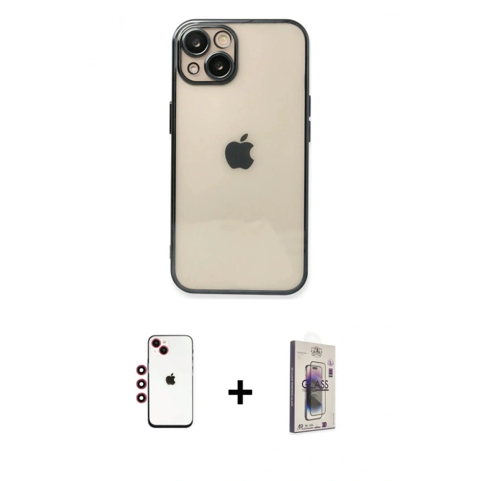 MARSİLYAN™- iPhone 14 Kılıf Vadi Minimal - Siyah Bilvis 3D Cam Ekran Koruyucu + Shine Kamera Lens - KI