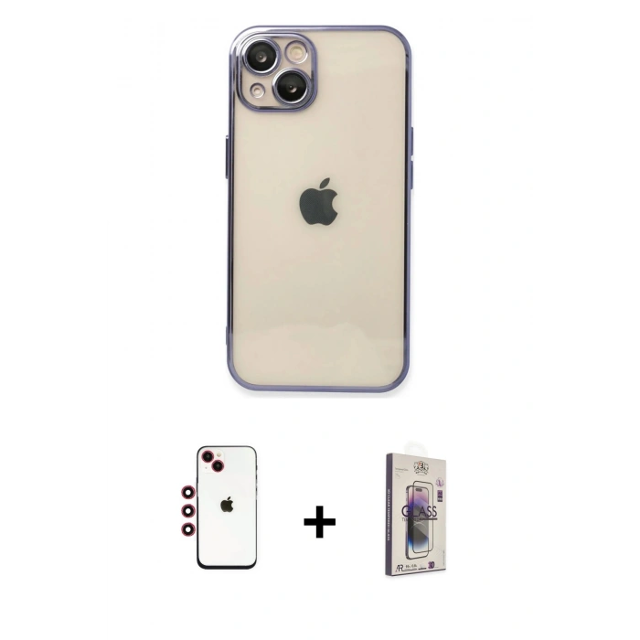 MARSİLYAN™- iPhone 14 Kılıf Vadi Minimal - Siyah Bilvis 3D Cam Ekran Koruyucu + Shine Kamera Lens - KI